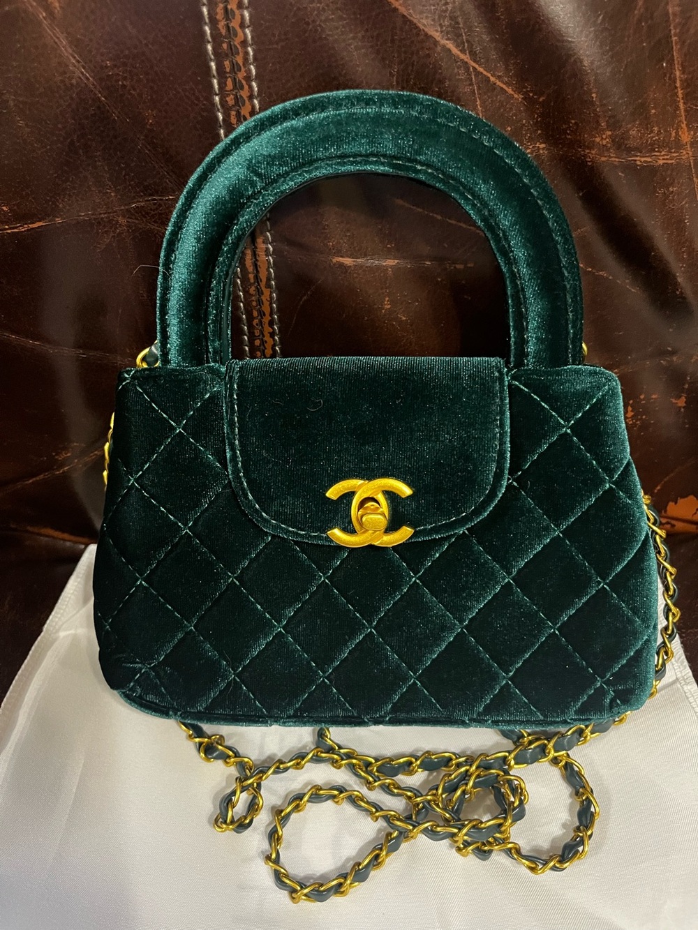 Double C Designer Nano Kelly Emerald Green Velvet Handbag Cross Body Purse